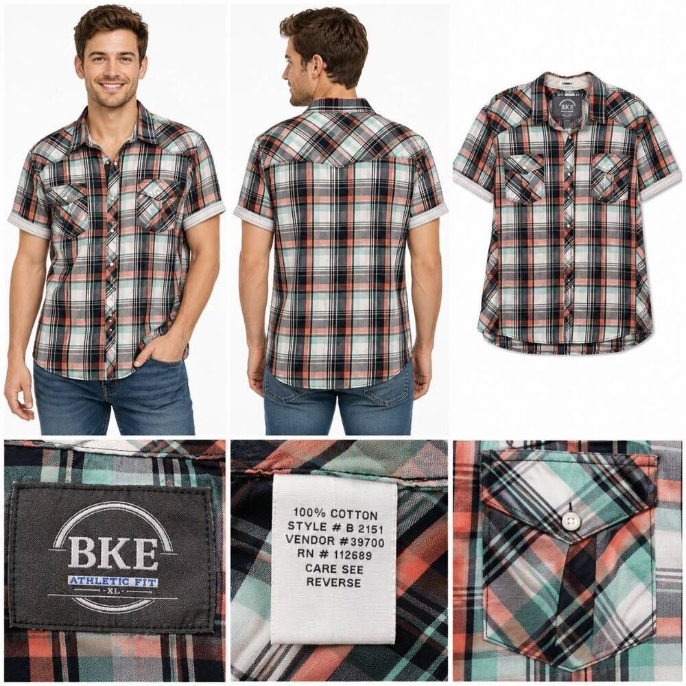 BKE Athletic Fit Plaid Shirt Short Sleeve Medium